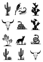 Obraz premium Diverse Collection of Black and White Desert Animals and Southwestern Plants Vectors