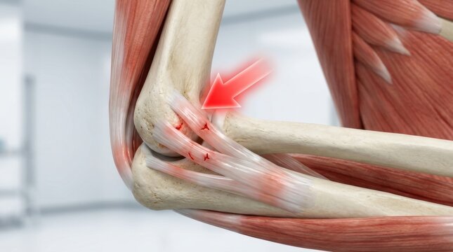 Elbow joint inflammation and tendon damage highlighted with red arrow