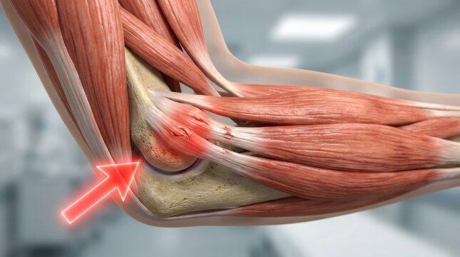 Close-up 3D illustration of elbow joint inflammation and torn tendons highlighted with red