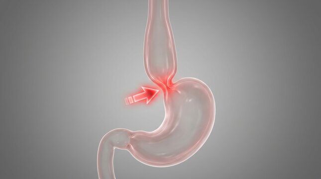 Medical illustration showing a hiatal hernia with a red arrow pointing to the affected area
