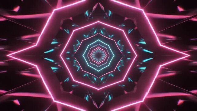Entering a vibrant neon digital tunnel, an abstract journey through an infinite futuristic portal with glowing geometric shapes.