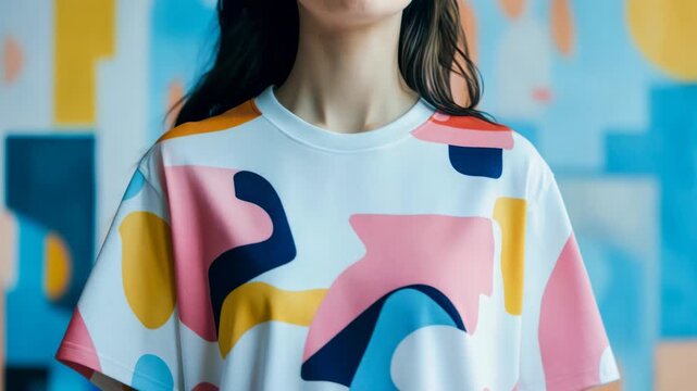 Young person wearing a stylish oversized t-shirt with a vibrant abstract pattern dancing freely