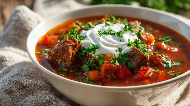A traditional Hungarian goulash garnished with freshly chopped parsley and a swirl of sour cream rests on a beige linen-covered farmhouse table bathed in gentle morning sunlight