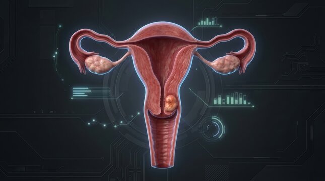 3D illustration of female reproductive system with uterine fibroid and medical data