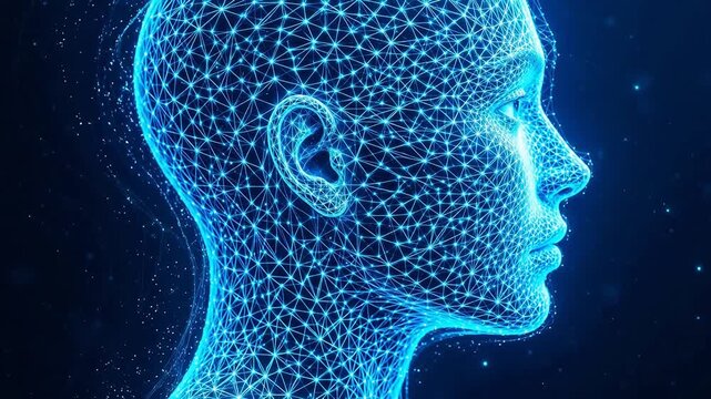 Human head in digital wireframe for Digital Transformation and Cyber Infrastructure