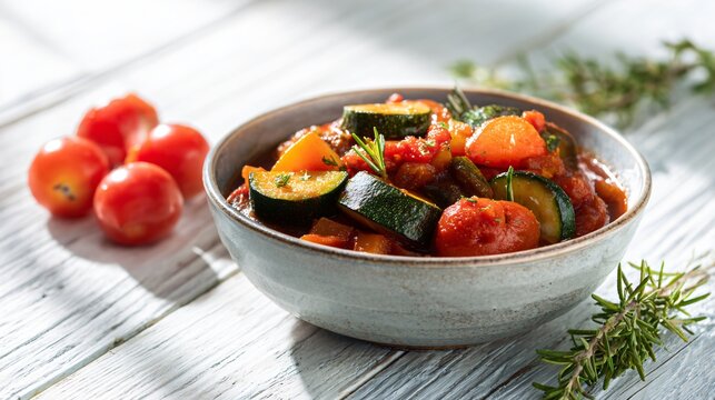 A vegetable-forward Hungarian goulash with zucchini, carrots, and tomatoes is arranged in a ceramic bowl on a whitewashed wooden surface with bright natural daylight and airy composition
