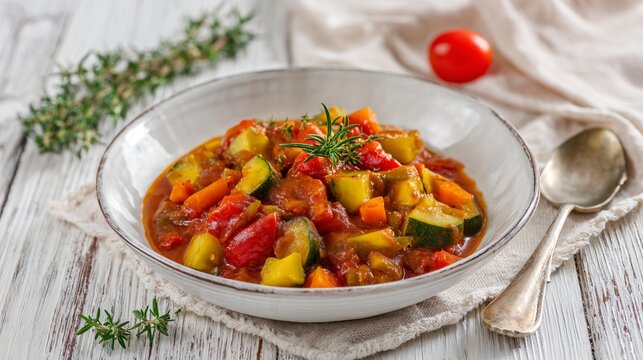 A vegetable-forward Hungarian goulash with zucchini, carrots, and tomatoes is arranged in a ceramic bowl on a whitewashed wooden surface with bright natural daylight and airy composition