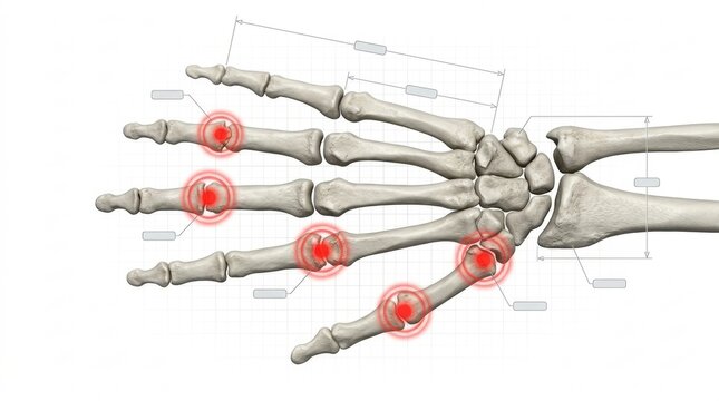 Anatomical illustration of hand bones with highlighted joint pain and inflammation