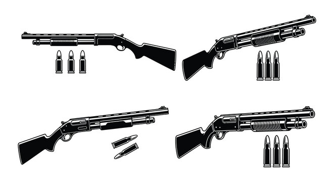 Black and white illustration depicting various lever action shotguns and ammunition
