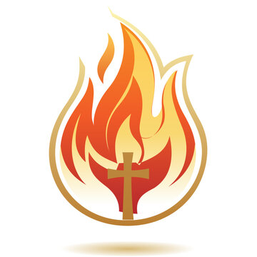 Christian Cross in Flames of Fire Symbolizing Holy Spirit. A striking religious illustration of a golden cross centered within a vibrant orange and red flame.
