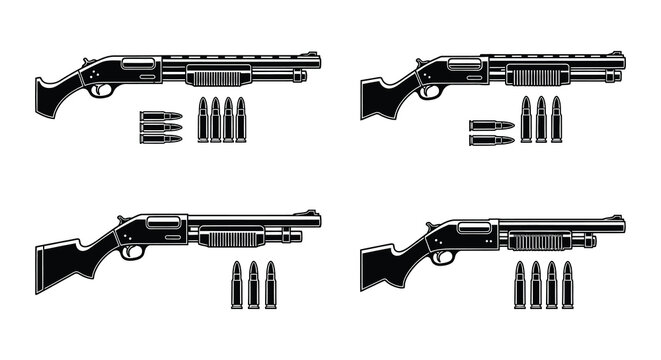 Black and white illustration depicting various lever action shotguns and ammunition