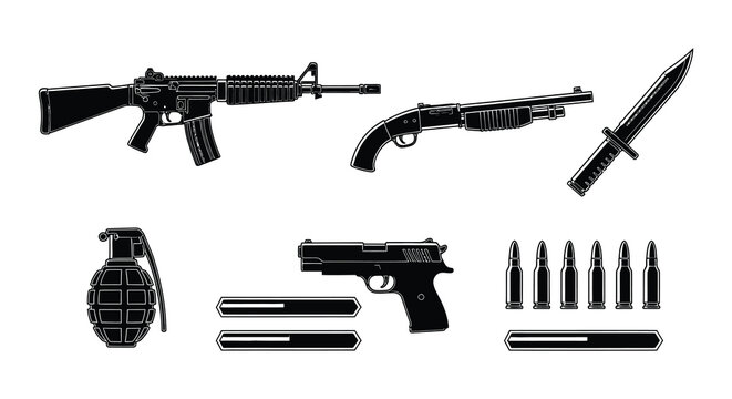 Black and white illustration depicting various lever action shotguns and ammunition