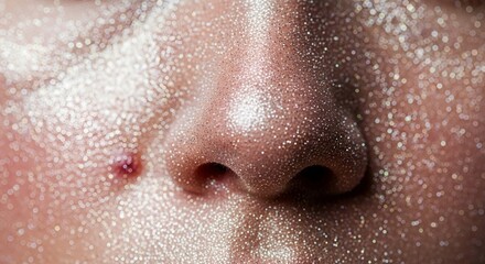 Fototapeta premium Extreme Macro Close Up of Glowing Glitter Skin on Nose and Cheek with Small Pimple Showing Imperfect Beauty Concept