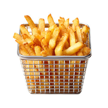 Golden crispy french fries in metal wire basket isolated on transparent background