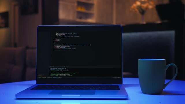 A cozy living room scene featuring a laptop on a table, displaying lines of code and active programming activity on the screen. Concept of software development, coding.