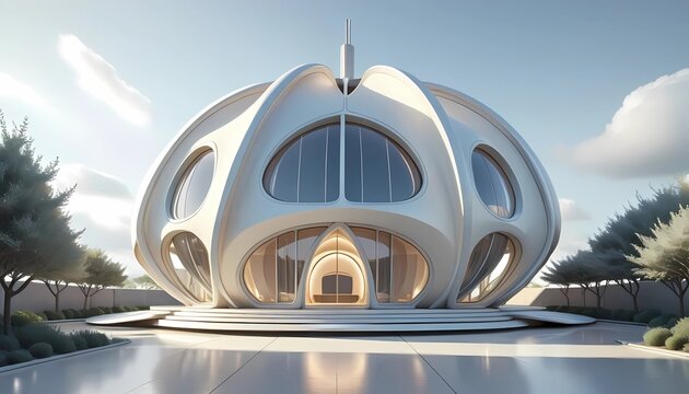 Symmetrical Futuristic Dome House with Fluid White Facade 