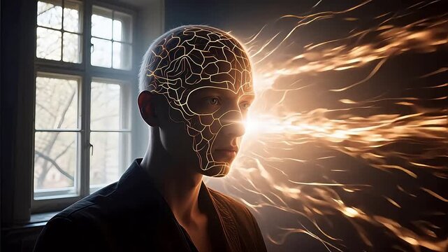 Man with glowing brain pattern and light energy