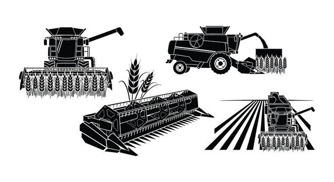 Black and white illustration of combine harvesters and wheat sheaves