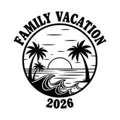 Obraz premium Circular Tropical Beach Badge with Palm Trees and Waves, Retro Family Vacation 2026 Logo, Summer Island Silhouette Vector