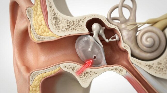 Detailed cross-section of the human inner ear showing auditory ossicles and cochlea