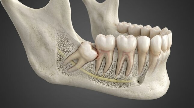 Detailed 3D illustration of a human lower jawbone with wisdom teeth impaction