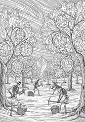 Fototapeta premium A mystical landscape with skeletons mining crystal trees
