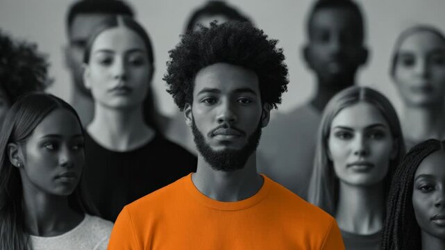 Confident young black man standing out from a diverse black and white crowd