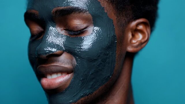 Close-up of a young african american man enjoying a beauty routine with a purifying face mask