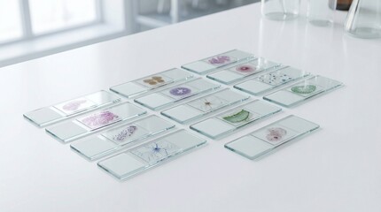 Fototapeta premium Multiple arranged microscope slides showcasing diverse biological and medical specimens for detailed scientific analysis in a modern laboratory setting, highlighting research and diagnostic processes