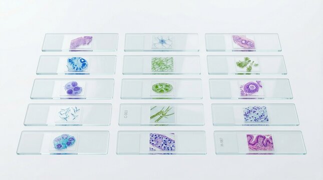 Multiple microscope slides displaying diverse biological samples and cellular structures, essential for scientific research, education, and detailed laboratory analysis