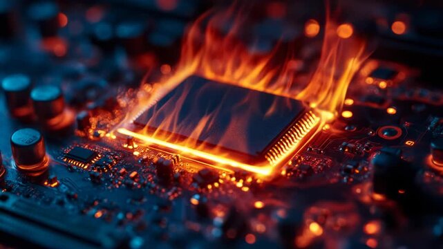 Computer processor overheating and burning on the circuit board, representing a system failure