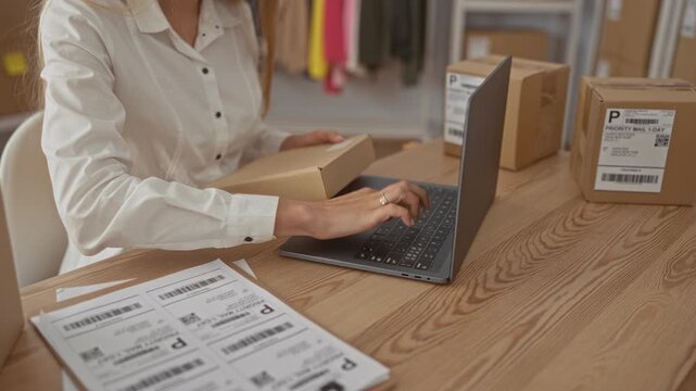 Woman types with right hand on laptop keyboard while holding a cardboard parcel in a studio; focused entrepreneurship.