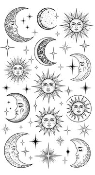 Detailed Hand-Drawn Black and White Celestial Symbols of Suns, Moons, and Stars