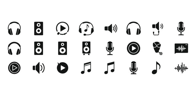 Collection of icons representing audio and multimedia functionalities and devices Vector