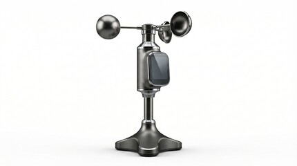 Fototapeta premium Anemometer device for measuring wind speed and direction, with a sleek metallic finish and a digital display, presented against a neutral background, showcasing its technological design