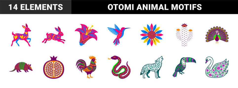 Mexican Otomi Folk Art Embroidery Elements