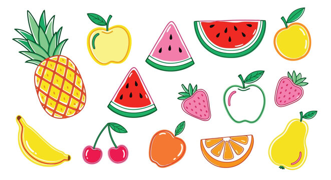 Colorful assortment of hand-drawn fruits and fruit slices in a playful design Vector