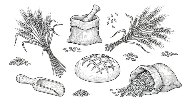 Traditional grain harvesting and preparation process illustrated Vector