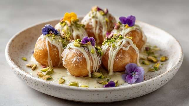 Loukoumades drizzled with pistachio cream and decorated with edible flowers on a white porcelain plate in natural daylight