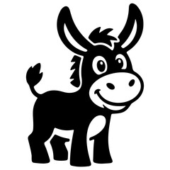 A cute cartoon donkey with a happy face in a black and white vector illustration © tinybrushcreations