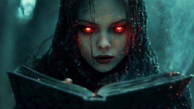 Demonic sorceress with glowing red eyes casting a powerful spell from an ancient grimoire at night