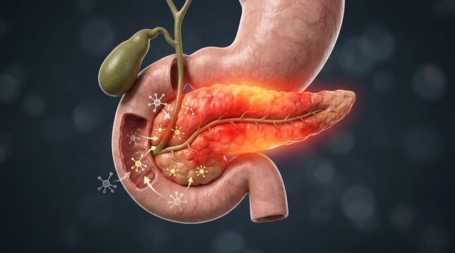 3D illustration of inflamed pancreas and duodenum with digestive enzymes in action