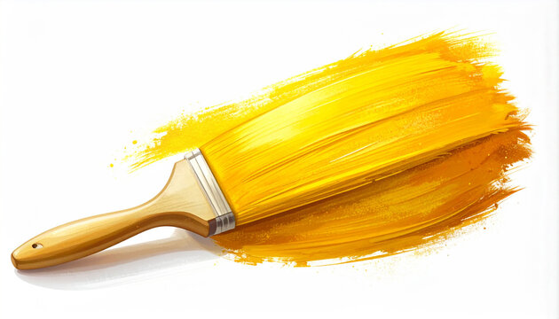 Wide yellow paint brush creating a broad stroke of vibrant color on white