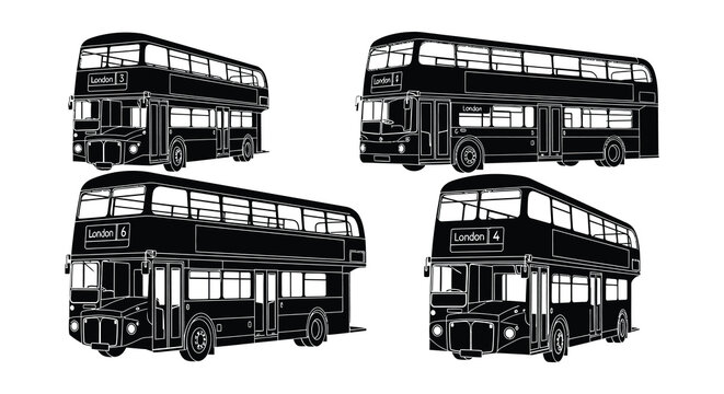 Four black and white illustrations of classic london double decker buses