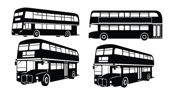 Four black and white illustrations of classic london double decker buses