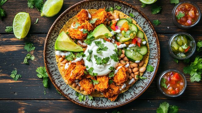 Crispy chicharron bowl with pinto beans, fresh avocado, sour cream, cilantro on speckled ceramic plate surrounded by lime wedges and salsa on rustic wooden table