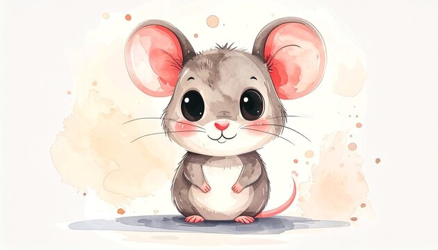 Minimalist watercolor illustration of Cute cartoon mouse with big eyes