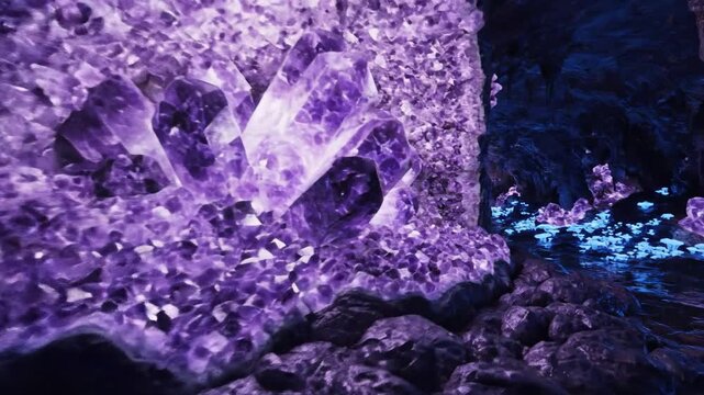 Large purple amethyst crystal in an underground cave environment