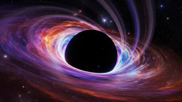 Dramatic space scene of a swirling, colorful black hole galaxy with stars.