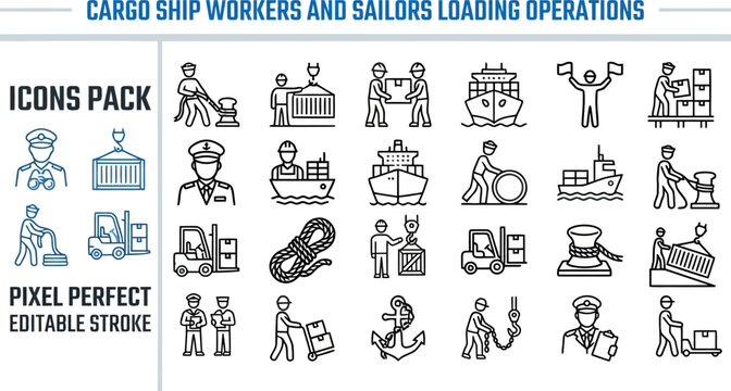 Maritime port logistics cargo shipping worker line icons